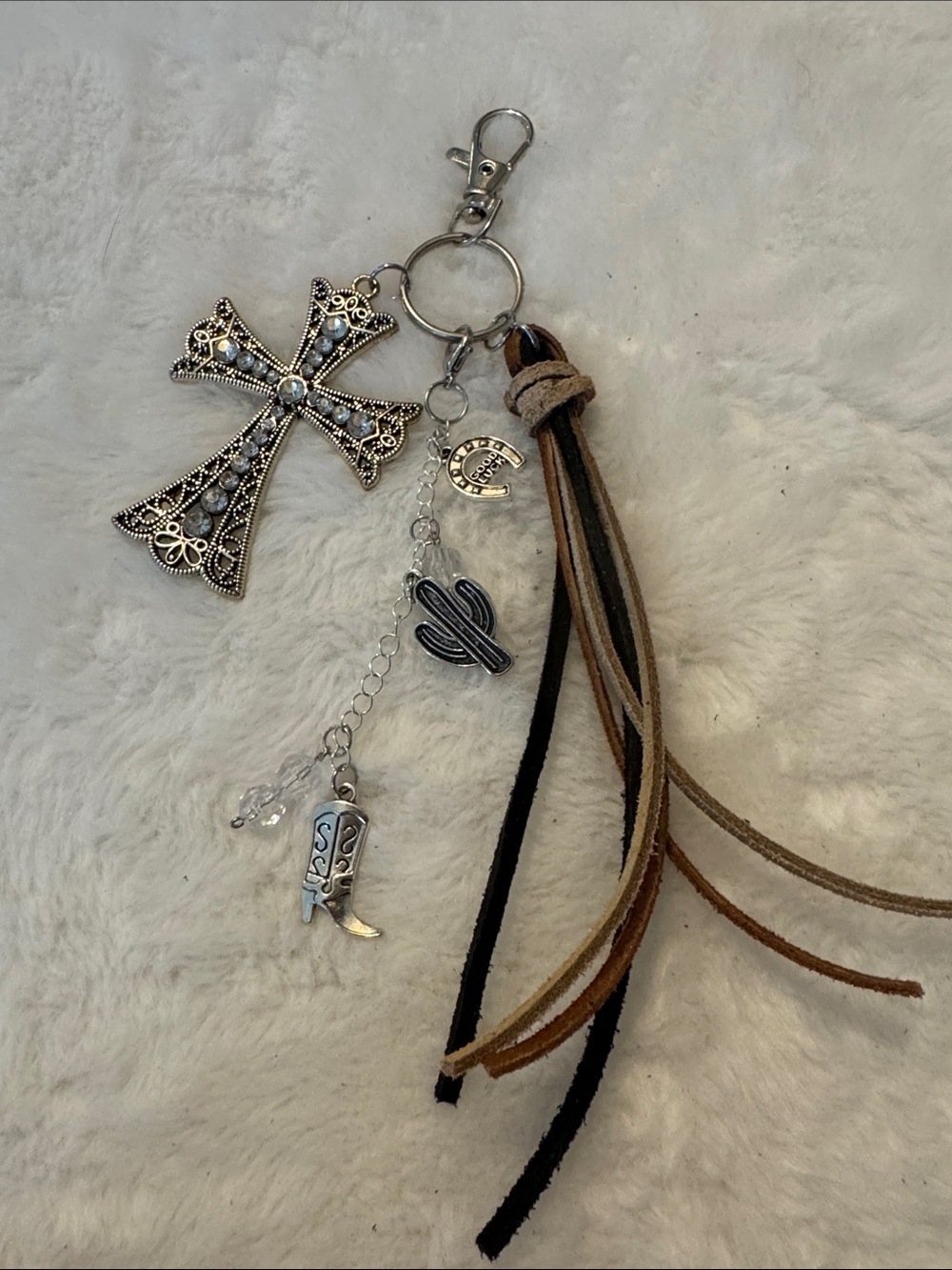Silver Cross & Western Tassel Keychain